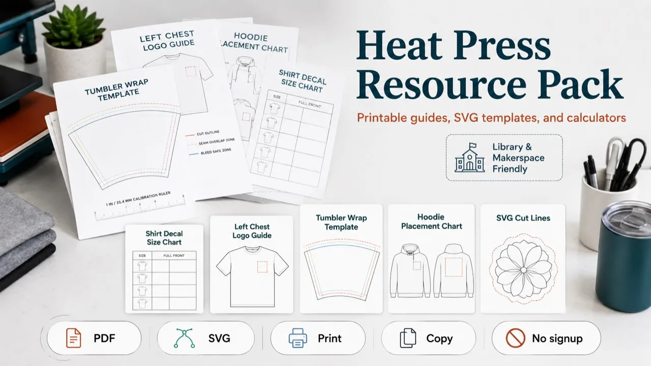 Heat press resource pack preview with printable placement charts and template resources