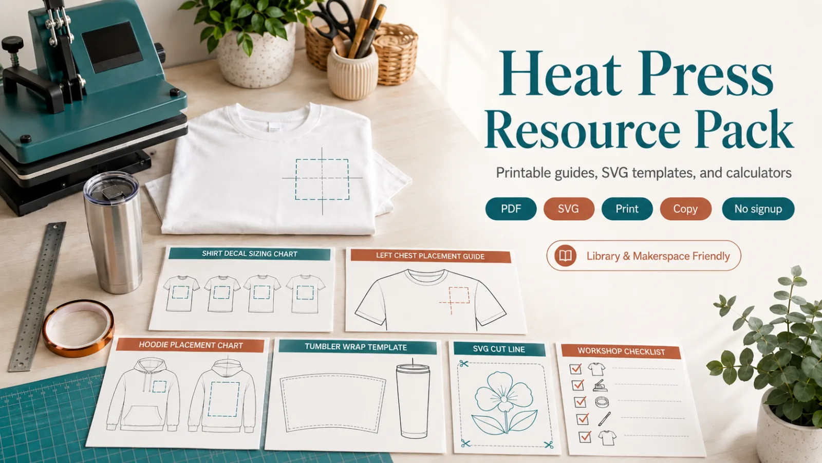 Free heat press resource pack preview with printable charts SVG guides and tumbler template examples